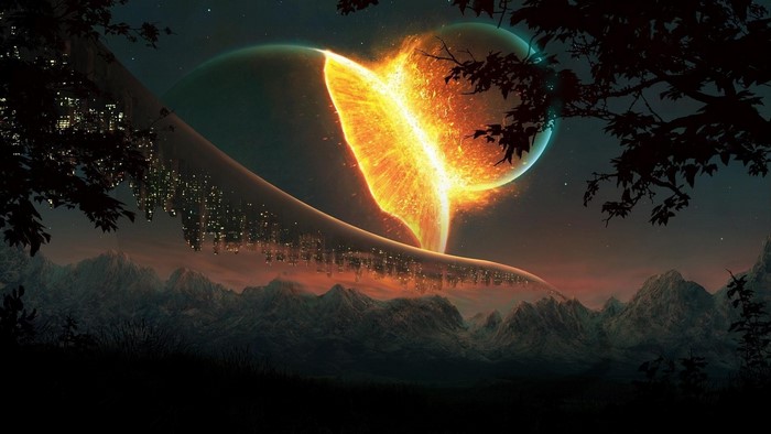 Planet explosion over mountains with city lights
