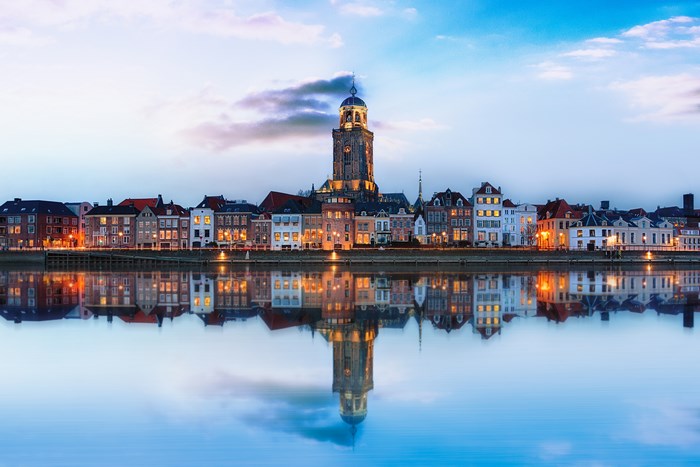 Deventer waterfront with tower and reflections