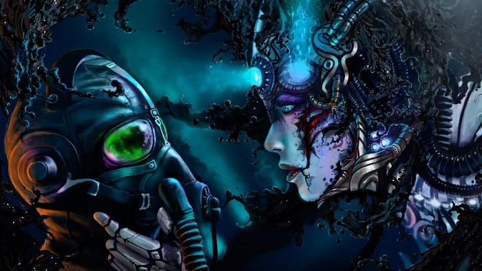 Cyborg woman and gas mask figure in apocalyptic setting