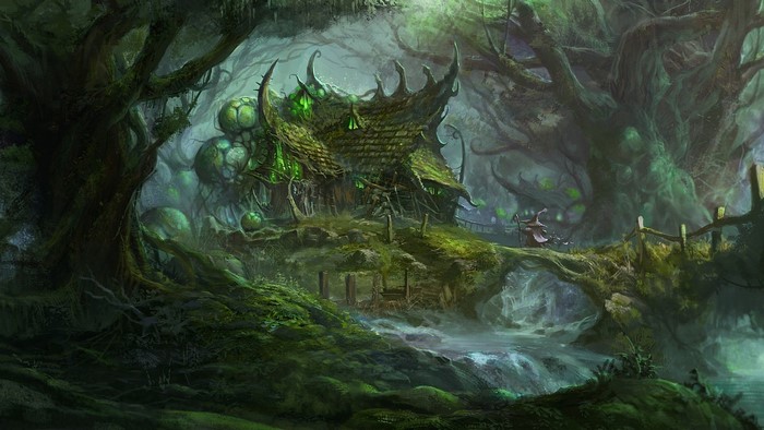 Mystical Forest Cottage with Glowing Green Lights