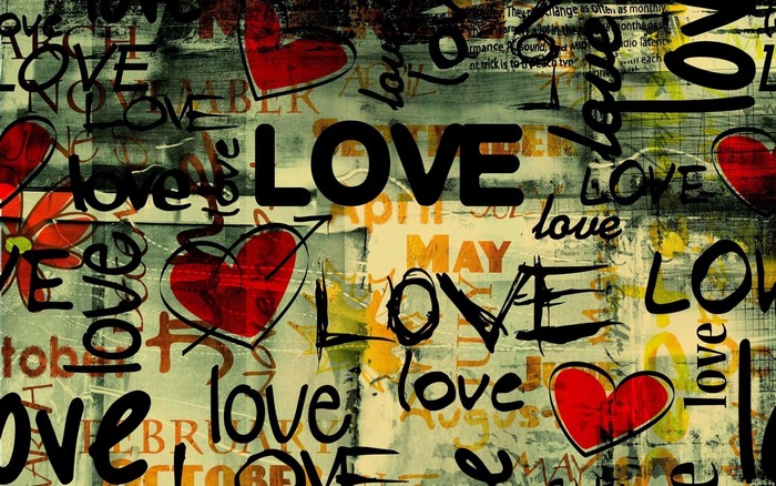 Graffiti typography with hearts and the word LOVE