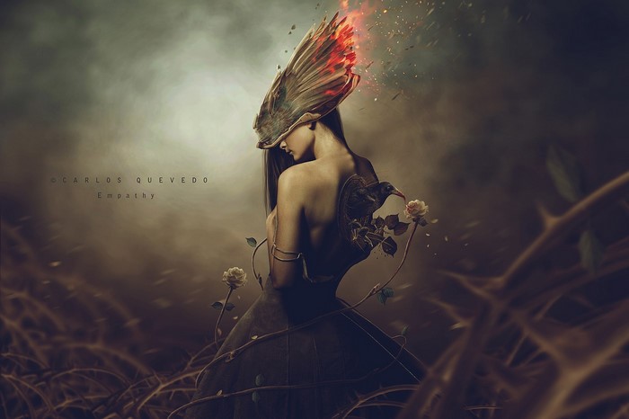 Woman with bird and roses, surreal digital art