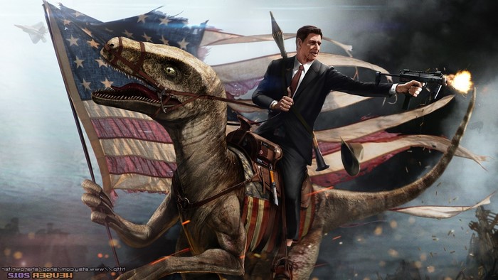 Ronald Reagan riding a raptor with American flag