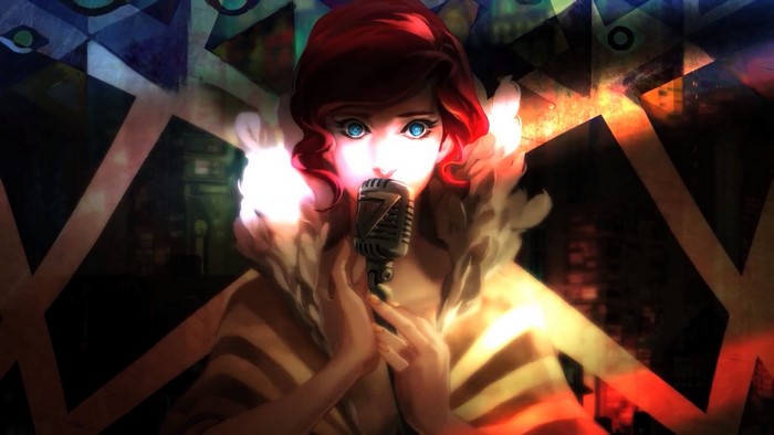 Redhead singer with blue eyes and microphone