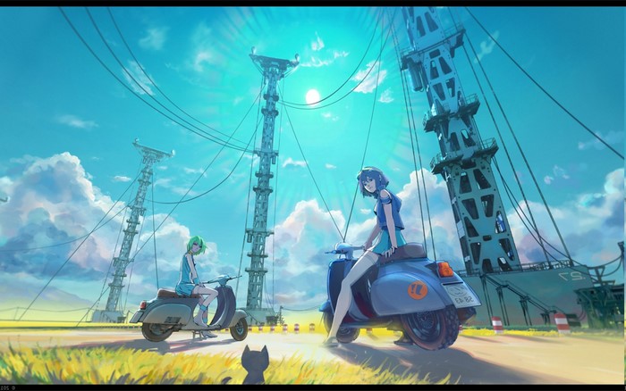 Anime girls on scooters near radio towers