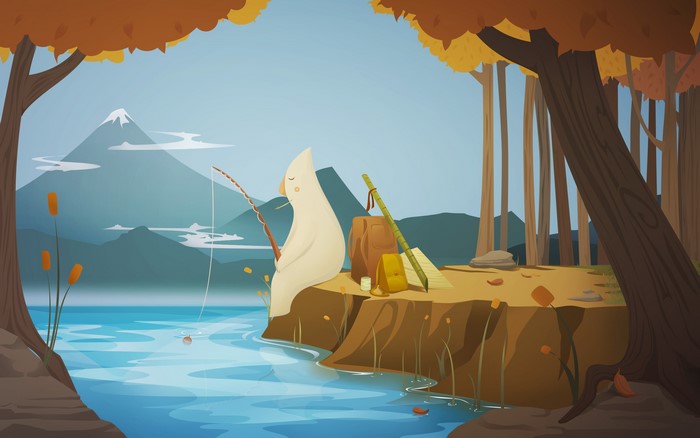 Cartoon character fishing by a lake with mountains