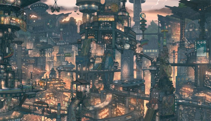 Steampunk city with flying vehicles and glowing lights