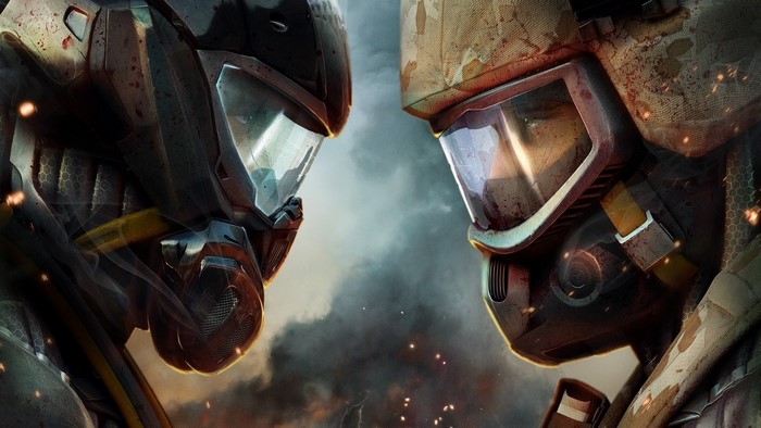 Two soldiers in futuristic armor facing each other
