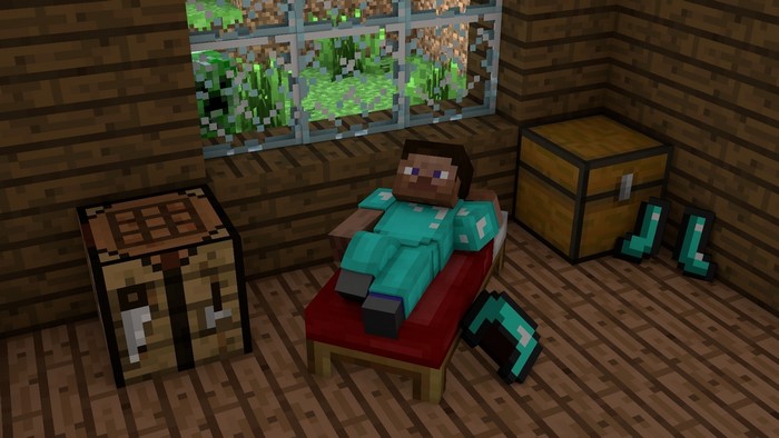 Steve from Minecraft relaxing in a wooden house