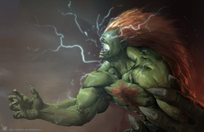 Blanka from Street Fighter roaring with lightning