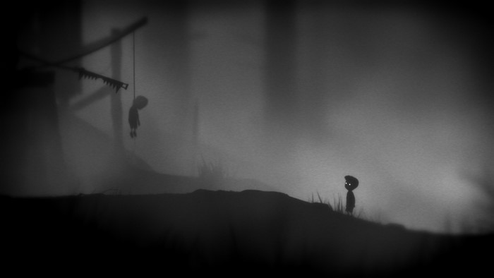 Silhouetted Boy Facing Hanging Figure in Dark Forest