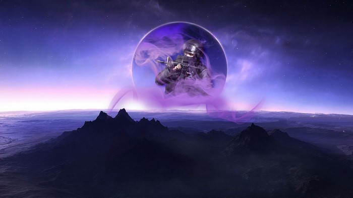 Soldier in purple smoke bubble over alien landscape