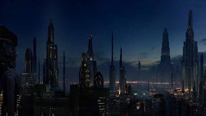Futuristic cityscape at dusk with towering skyscrapers
