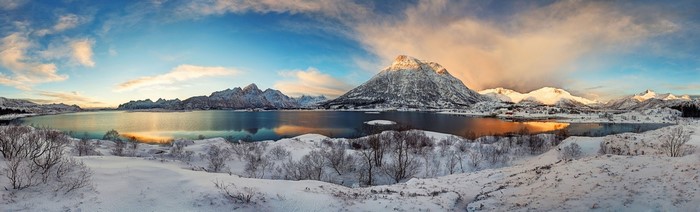 Winter sunrise over Lofoten mountains and fjord, Norway