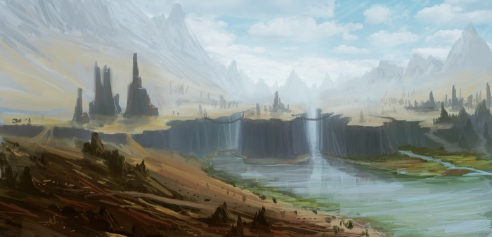 Digital art of a fantasy landscape with waterfalls and rock formations