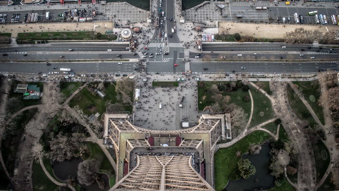 Aerial view of the Eiffel Tower and Champ de Mars