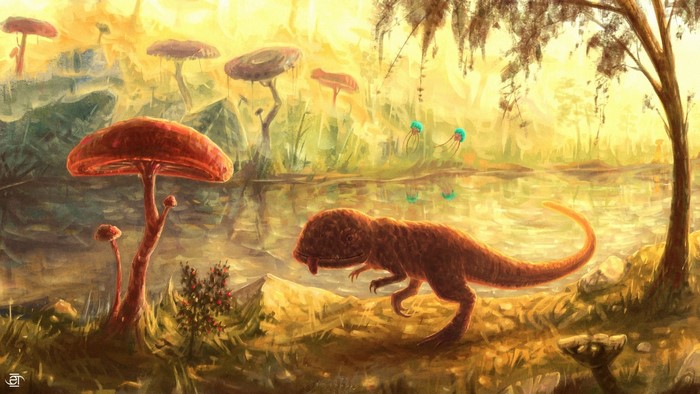 Morrowind Fan Art: Dinosaur and Giant Mushrooms
