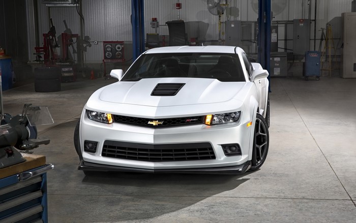 White Chevrolet Camaro Z28 in a garage