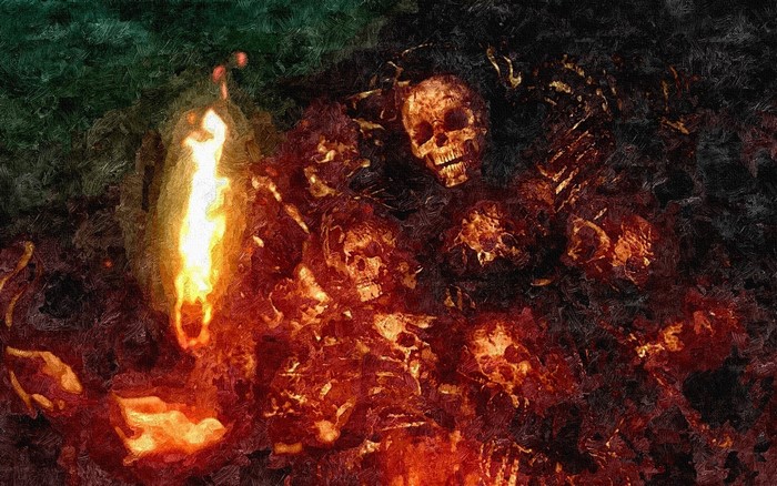 Pile of skulls and bones with fire
