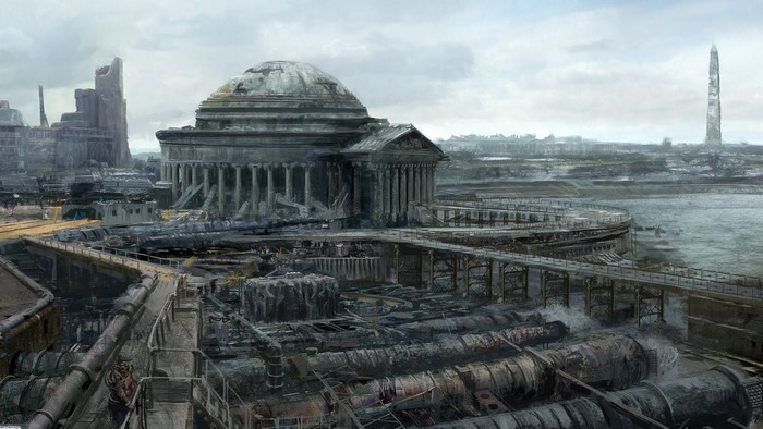Concept art of a post-apocalyptic city with a domed building