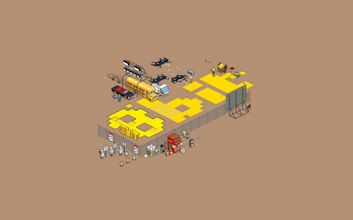 Pixel art construction site with vehicles and protestors