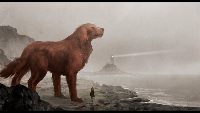 Clifford the Big Red Dog on a rocky shore with a lighthouse