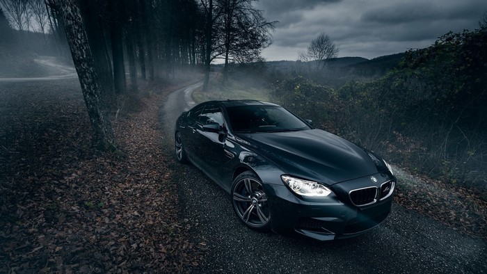 Dark BMW M6 on a foggy forest road