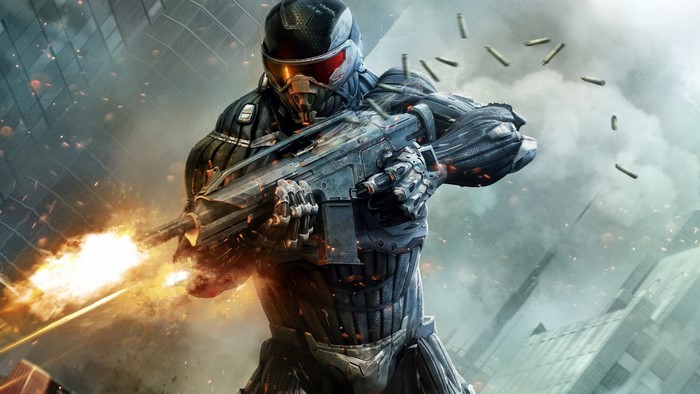 Soldier in Nanosuit firing rifle in Crysis 2