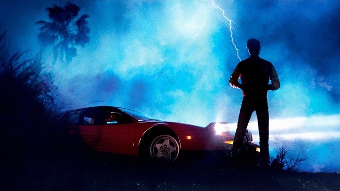 Kavinsky with Ferrari Testarossa at Night with Lightning