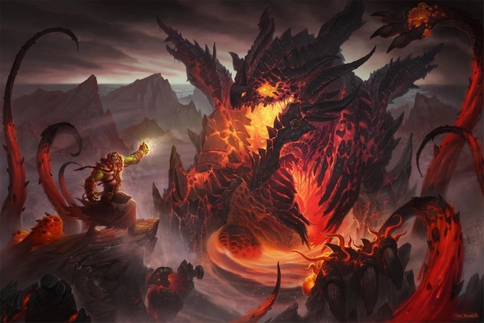 Orc shaman facing a lava dragon in World of Warcraft