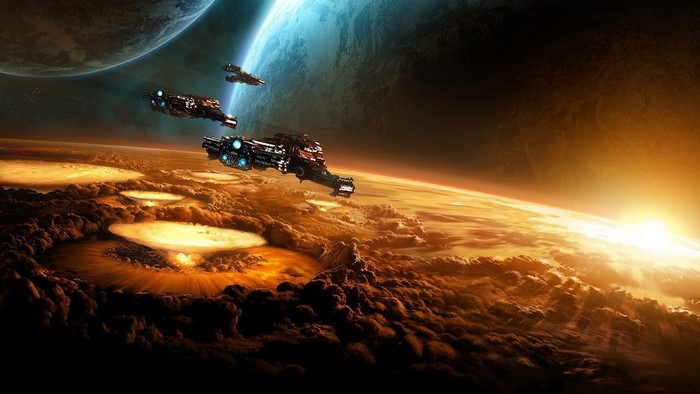 StarCraft II Spaceships over Exploded Planet