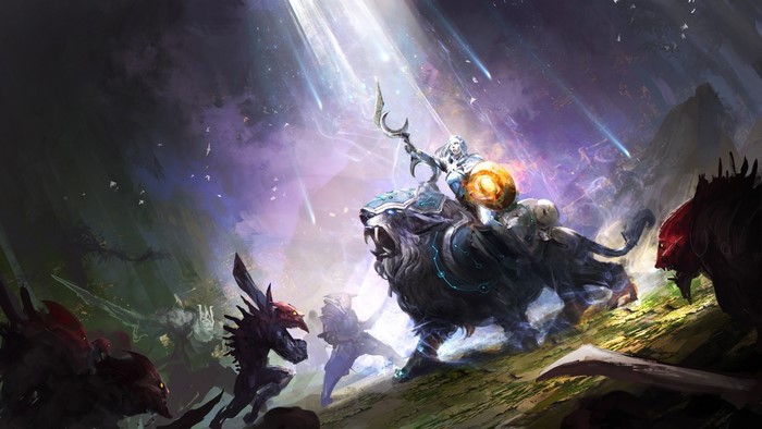 Luna from Dota 2 riding a tiger fighting monsters
