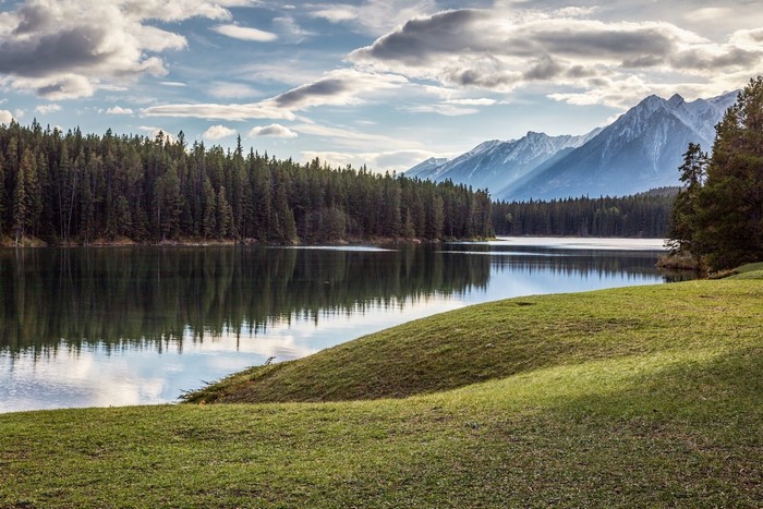 Serene Lake Surrounded by Forest and Mountains