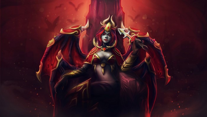 Queen of Pain from Dota 2 sitting on a throne