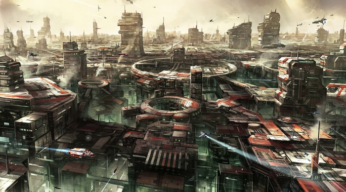 Futuristic cityscape with flying vehicles