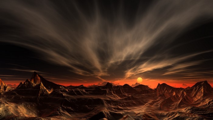 Alien desert landscape with sunset and dramatic clouds