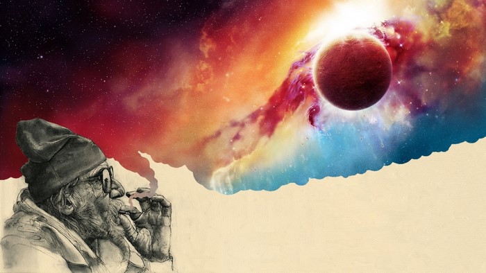 Man smoking pipe with galaxy and planet in background