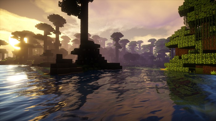 Minecraft swamp biome at sunset