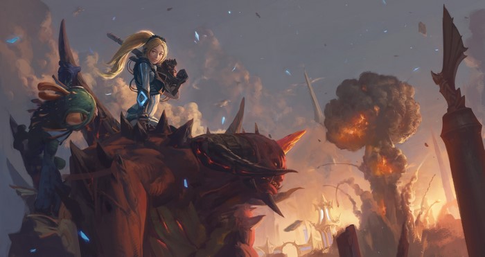 Nova from StarCraft riding a creature with Murky