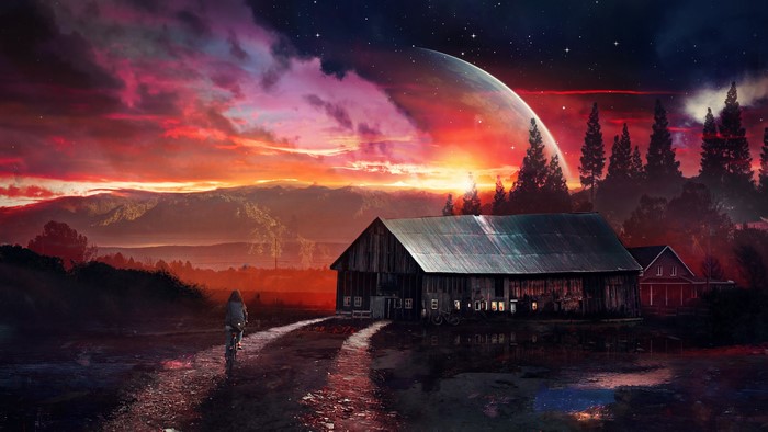 Girl on bicycle near barn under alien planet sky