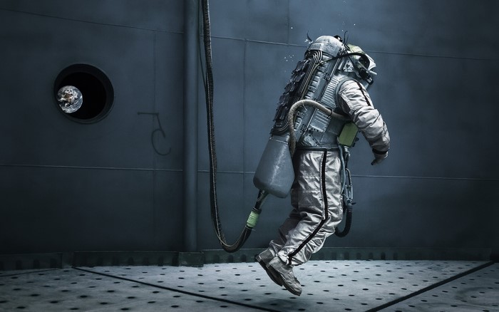 Astronaut floating near Earth through a window