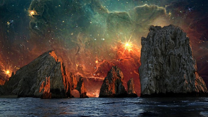 Rocky coast with nebula and stars