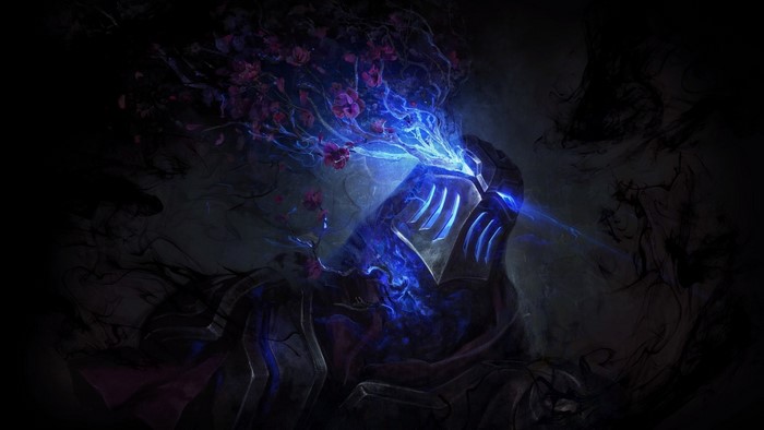 Zed from League of Legends with blue energy and flowers