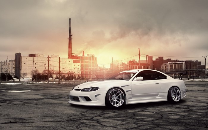 White Nissan Silvia S15 modified car at sunset