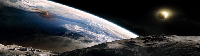 Astronauts on the Moon with Earth and Solar Eclipse