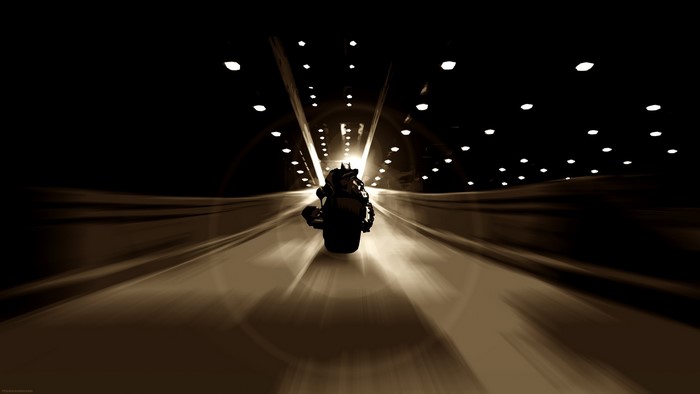 Batman from The Dark Knight riding Batpod in tunnel