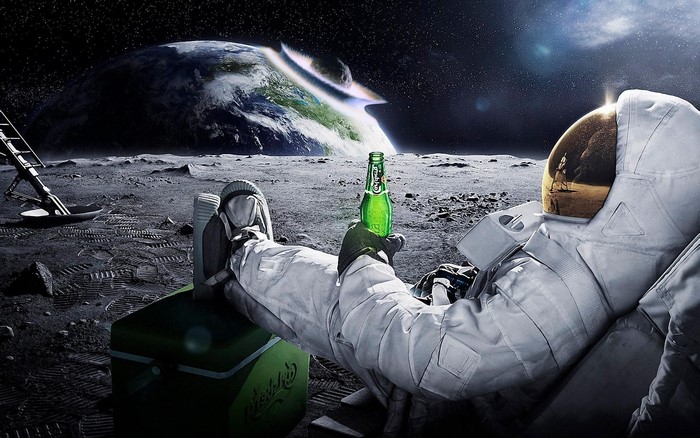 Astronaut drinking Carlsberg beer on the Moon with Earth in background