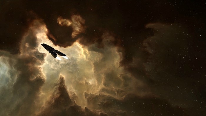 Spaceship flying through nebula in Eve Online