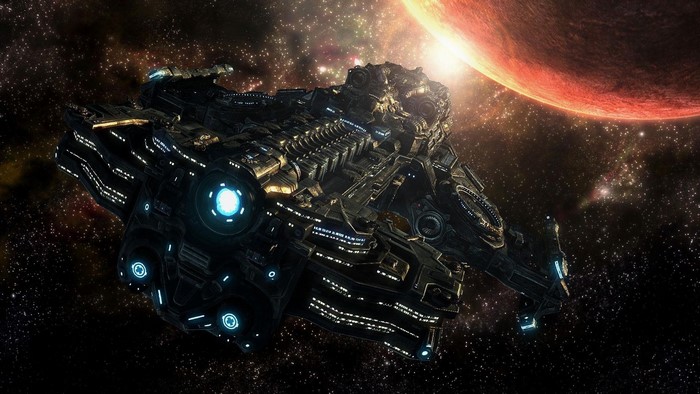 StarCraft II Battlecruiser near a red planet