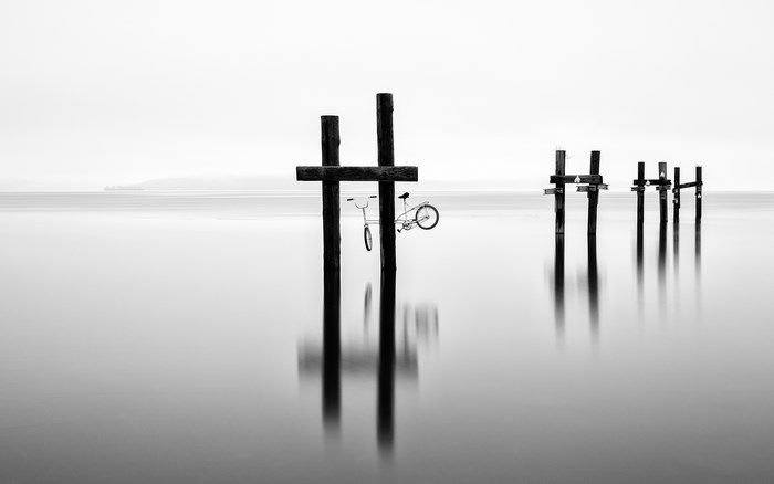 Bicycle Suspended on Wooden Posts in Water